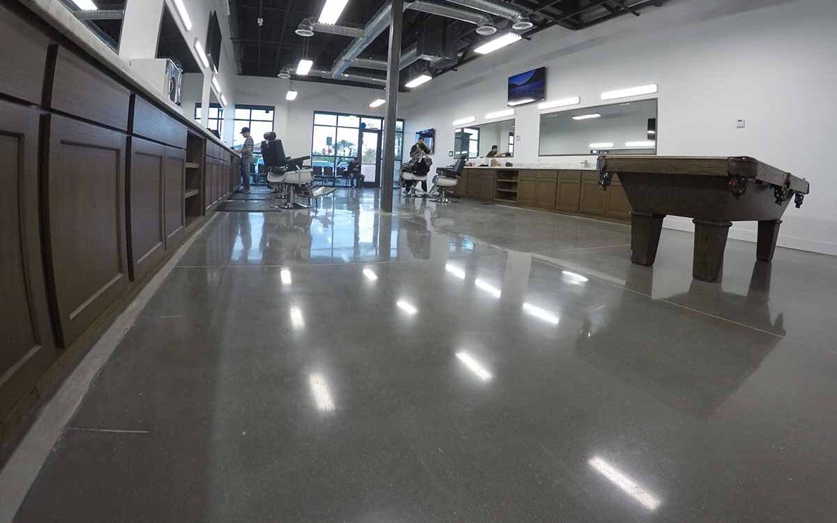 polished concrete in a barber shop, Houston TX